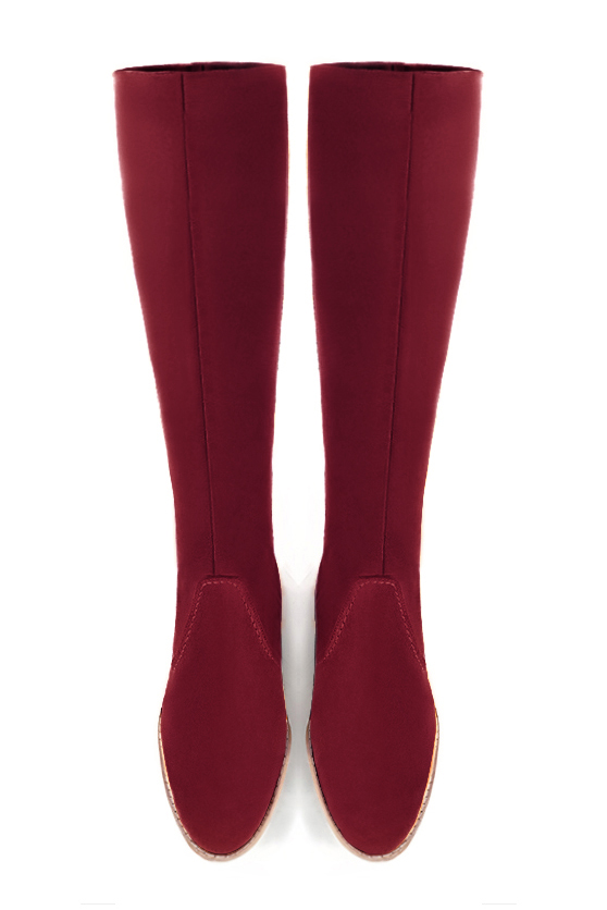 Burgundy red women's riding knee-high boots. Round toe. Low leather soles. Made to measure. Top view - Florence KOOIJMAN